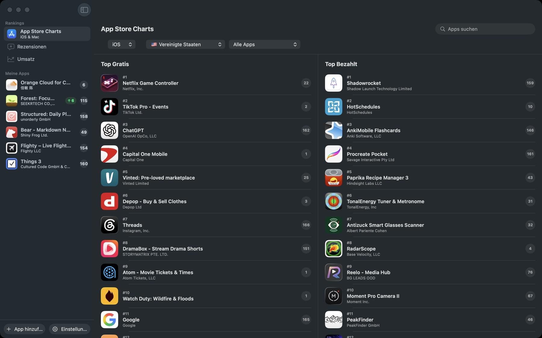 Apolu für Mac mit den aktuellen App-Store-Charts für Gratis und Bezahlt und einer Seitenleiste mit verfolgten Apps