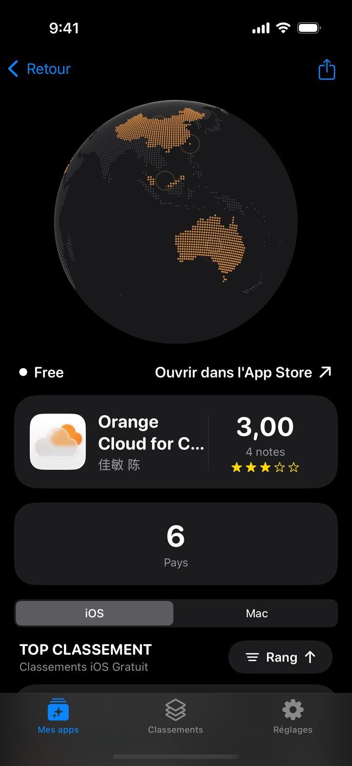 Apolu pour iPhone : un globe montrant les pays où une app suivie est classée