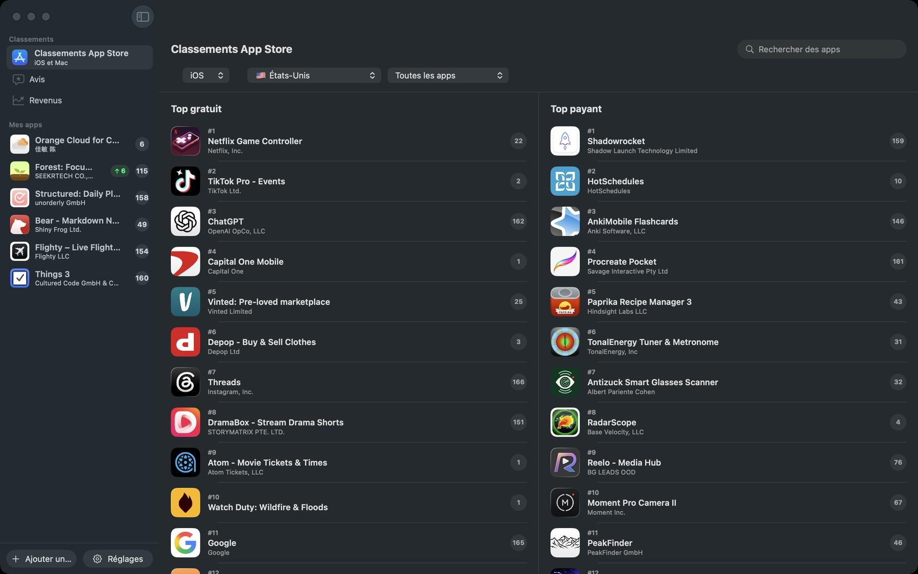 Apolu pour Mac : les classements Gratuit et Payant de l’App Store en direct, avec une barre latérale des apps suivies