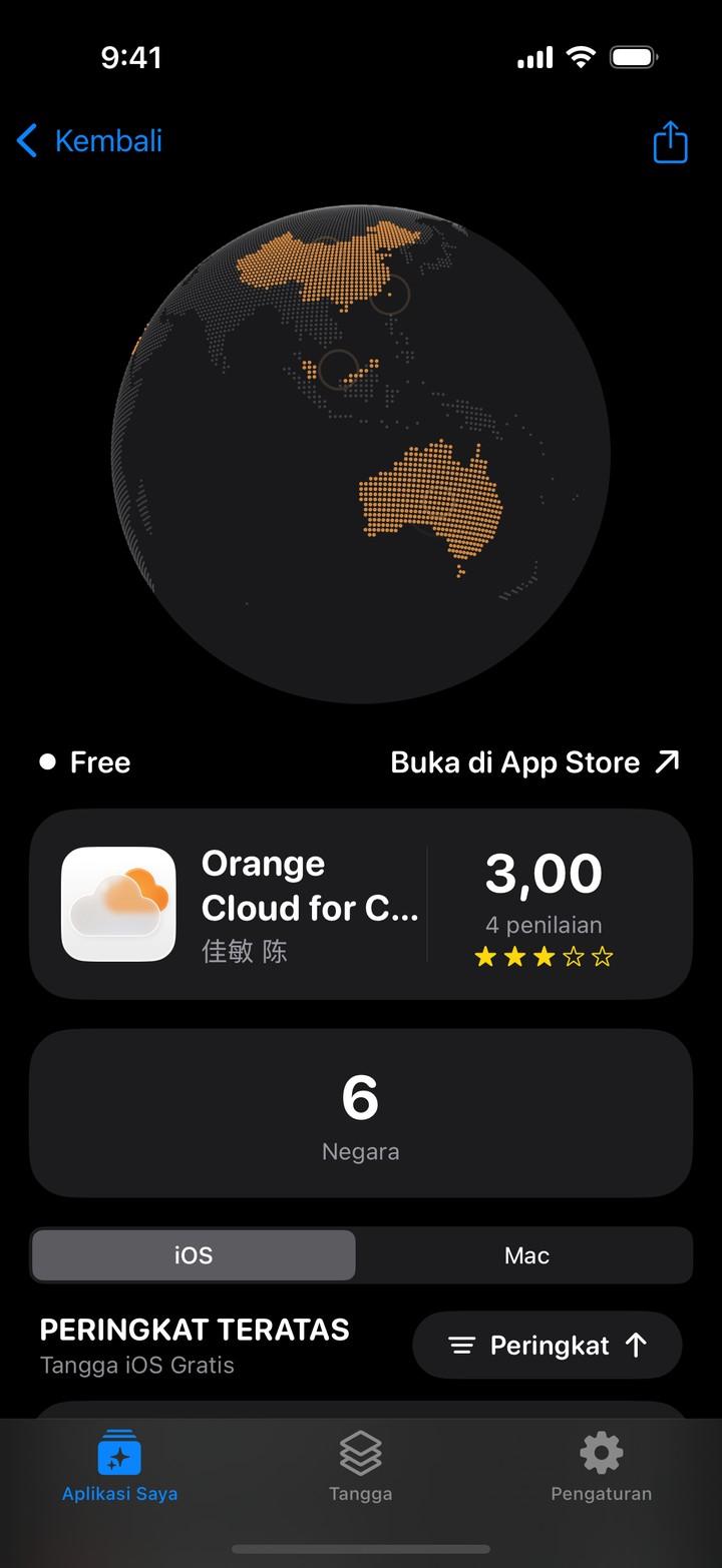 Apolu untuk iPhone menampilkan bola dunia berisi negara tempat sebuah aplikasi yang diikuti masuk peringkat