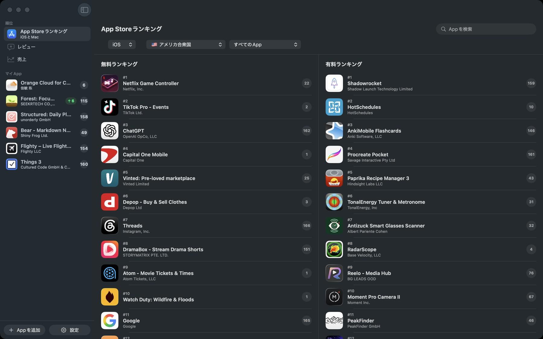 Apolu Mac 版。App Store の無料・有料ランキングをリアルタイムに表示し、サイドバーに追跡中の App が並ぶ
