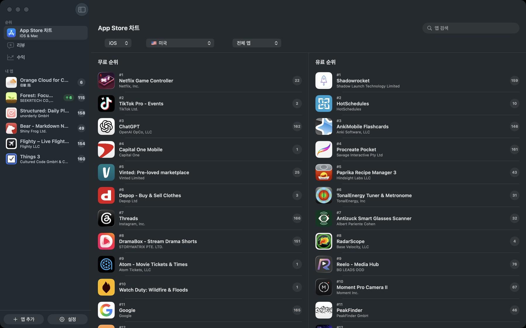 Apolu Mac 버전. App Store 무료·유료 차트를 실시간으로 보여주고 사이드바에 추적 중인 앱이 표시된 화면