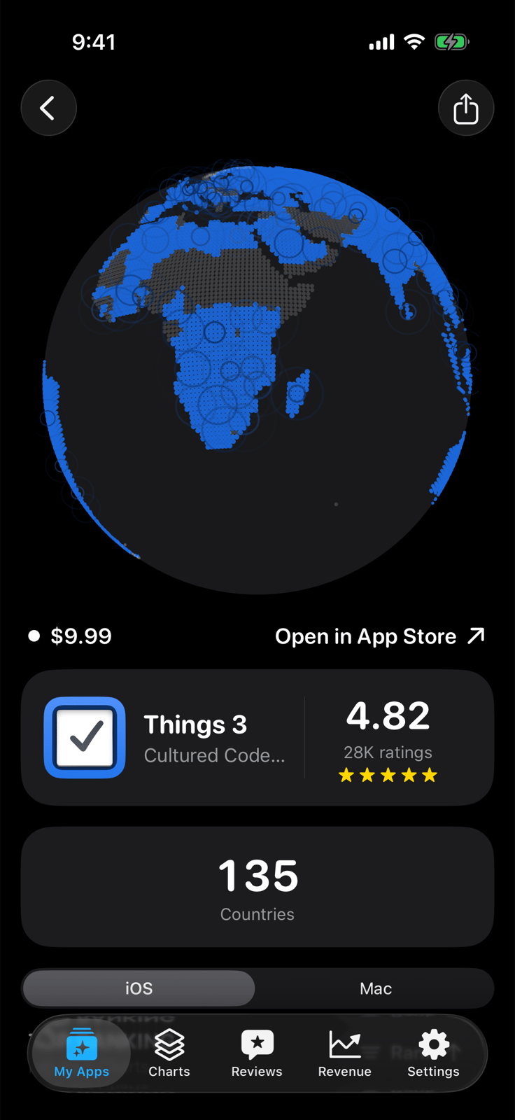 Apolu for iPhone showing the ranked-countries globe for a tracked app