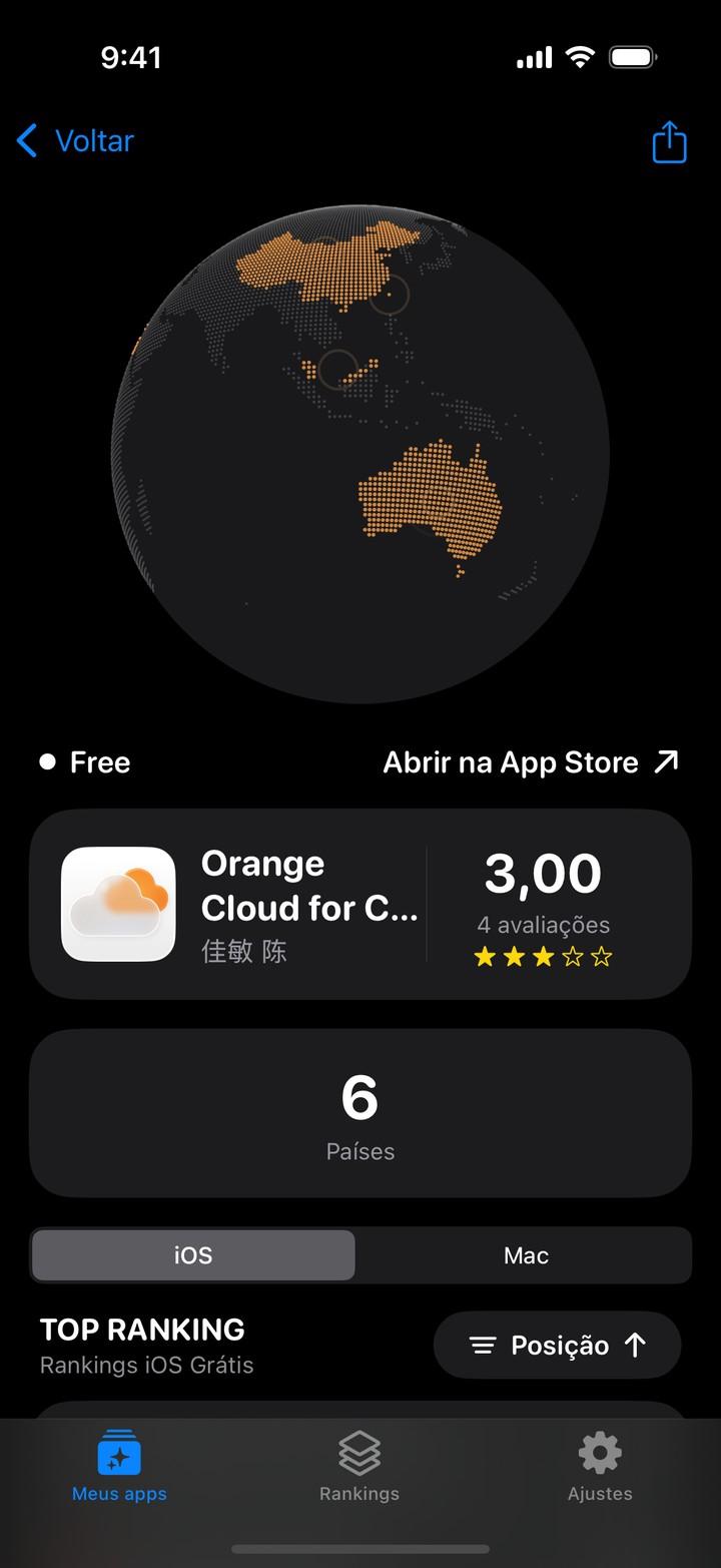 Apolu para iPhone mostrando num globo os países em que um app acompanhado está na lista