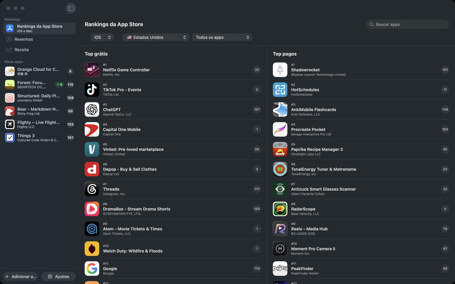 Apolu para Mac mostrando ao vivo as listas Grátis e Pagos da App Store, com uma barra lateral de apps acompanhados